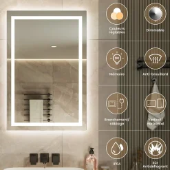 LED Miroir Lumineux Tricolore + Anti-buée 90x60cm Salle de Bain Dimmable,Tactile Miroir de salle de bains LED