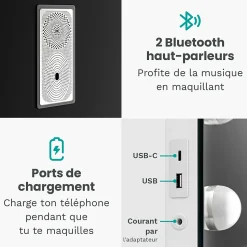 LED Miroir Maquillage Hollywood 58x48cm, 2 haut-parleurs Bluetooth, recharge USB & USB-C, Grossissement 10x, blanc