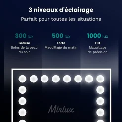 LED Miroir maquillage Hollywood 80x60cm, recharge USB & USB-C, Blanc, Technologie Anti-scintillement