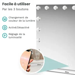 LED Miroir maquillage Hollywood 80x60cm, recharge USB & USB-C, Blanc, Technologie Anti-scintillement