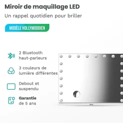 LED Miroir Maquillage Hollywood Mirlux 80x60cm, 2 haut-parleurs Bluetooth, recharge USB & USB-C, Grossissement 10x, Blanc