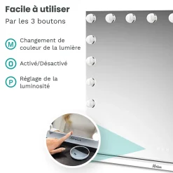 LED Miroir Maquillage Hollywood Mirlux 80x60cm, 2 haut-parleurs Bluetooth, recharge USB & USB-C, Grossissement 10x, Blanc
