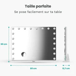 LED Miroir Maquillage Hollywood Mirlux 80x60cm, 2 haut-parleurs Bluetooth, recharge USB & USB-C, Grossissement 10x, Blanc