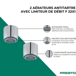 Lot de 2 aérateurs antitartre avec limiteur de débit 3 l/min F 22x1 PRESTO chromé