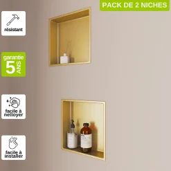 Lot de 2 Niches de Douche Or Satiné - 30x30 cm - Rangement Mural Salle de Bain - NOOK