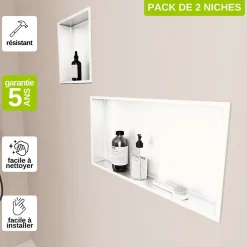 Lot de 2 Niches de Douche Blanc Satiné - 30x30 cm et 30x60 cm - Rangement Mural Salle de Bain - NOOK