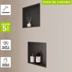 Lot de 2 Niches de Douche Noir Satiné - 30x30 cm - Rangement Mural Salle de Bain - NOOK