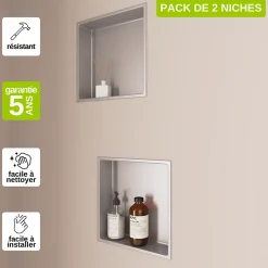 Lot de 2 Niches de Douche Gris Satiné - 30x30 cm - Rangement Mural Salle de Bain - NOOK