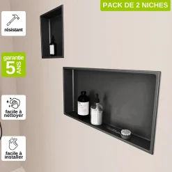Lot de 2 Niches de Douche Noir Satiné - 30x30 cm et 30x60 cm - Rangement Mural Salle de Bain - NOOK
