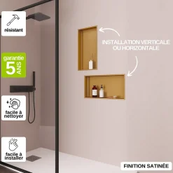Lot de 2 Niches de Douche Or Satiné - 30x60 cm - Rangement Mural Salle de Bain - NOOK