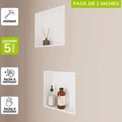 Lot de 2 Niches de Douche Blanc Satiné - 30x30 cm - Rangement Mural Salle de Bain - NOOK