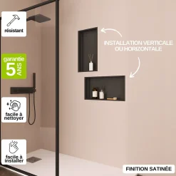 Lot de 2 Niches de Douche Noir Satiné - 30x60 cm - Rangement Mural Salle de Bain - NOOK