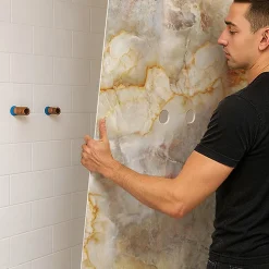 Lot de 2 panneaux de douche en PVC (90x220 & 120x220 cm) + profilés blanc - Gémolodie - Beige et gris