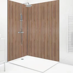 Lot de 2 panneaux de douche en aluminium (90x220 & 120x220 cm) + profilés noir - effet bois - Japandi - Marron et noir
