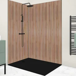 Lot de 2 panneaux de douche en PVC (90x220 & 120x220 cm) + profilés noir - effet bois - Japandi - Marron et noir
