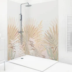 Lot de 2 panneaux de douche en aluminium (90x220 & 120x220 cm) + profilés blanc - Motif végétal - Beige - Gaïa