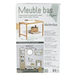 Meuble bas de salle de bain en bambou et bois MDF - TENDANCE - 1 étagère - Blanc - 60 x 34 x 43 cm