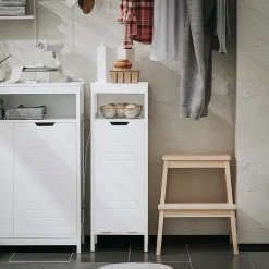 Meuble Bas de Salle de Bain avec Corbeille à Linge, Armoire Toilette, BZR122-W, SoBuy