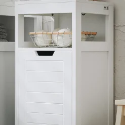 Meuble Bas de Salle de Bain avec Corbeille à Linge, Armoire Toilette, BZR122-W, SoBuy