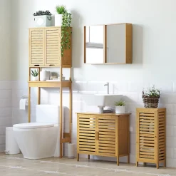 Meuble bas de salle de bain une porte - étagère réglable - bois de bambou verni