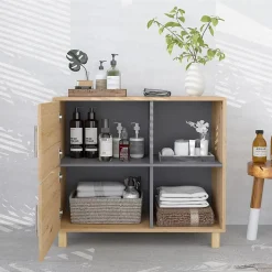 Meuble bas de salle de bain style bohème - 2 portes, 2 niches - gris effet bois clair naturel