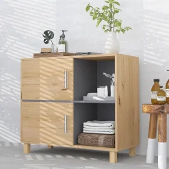 Meuble bas de salle de bain style bohème - 2 portes, 2 niches - gris effet bois clair naturel