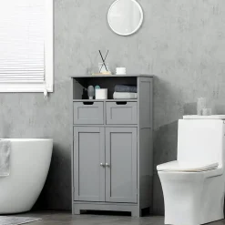Meuble bas de salle de bain multi-rangements grande niche 2 tiroirs placard double porte avec étagère MDF gris