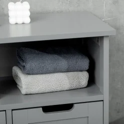 Meuble bas de salle de bain multi-rangements grande niche 2 tiroirs placard double porte avec étagère MDF gris