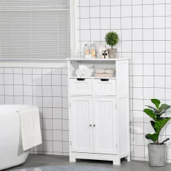 Meuble bas de salle de bain multi-rangements grande niche 2 tiroirs placard double porte avec étagère MDF blanc