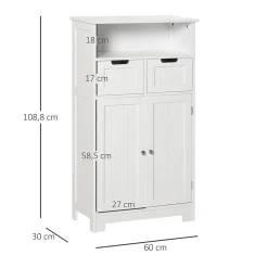 Meuble bas de salle de bain multi-rangements grande niche 2 tiroirs placard double porte avec étagère MDF blanc