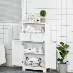 Meuble bas de salle de bain multi-rangements grande niche 2 tiroirs placard double porte avec étagère MDF blanc