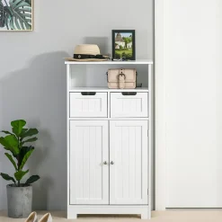 Meuble bas de salle de bain multi-rangements grande niche 2 tiroirs placard double porte avec étagère MDF blanc