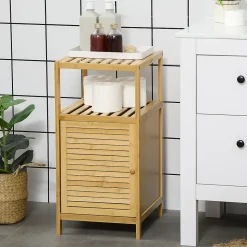 Meuble bas salle de bain rangement salle de bain 1 porte 2 étagères bois bambou verni