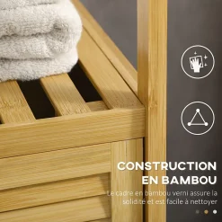 Meuble bas salle de bain rangement salle de bain 1 porte 2 étagères bois bambou verni