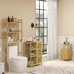 Meuble bas salle de bain rangement salle de bain 1 porte 2 étagères bois bambou verni