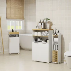 Meuble bas salle de bain - 2 portes, étagère, 2 niches - dim. 60L x 30l x 102H cm - blanc bois clair