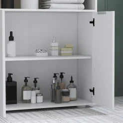 Meuble bas salle de bain - 2 portes, étagère, 2 niches - dim. 60L x 30l x 102H cm - blanc bois clair