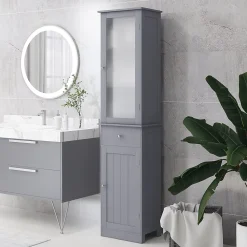 Meuble colonne de salle de bain placard porte acrylique 2 étagères placard porte 1 étagère tiroir MDF gris