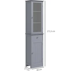 Meuble colonne de salle de bain placard porte acrylique 2 étagères placard porte 1 étagère tiroir MDF gris