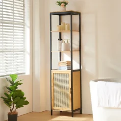 Meuble colonne de salle de bain Tervola MDF bambou rotin 172 x 40 x 35 cm noir naturel en.casa