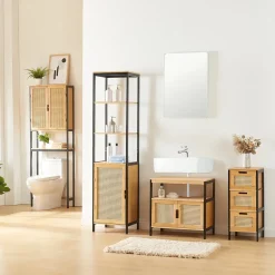 Meuble colonne de salle de bain Tervola MDF bambou rotin 172 x 40 x 35 cm noir naturel en.casa