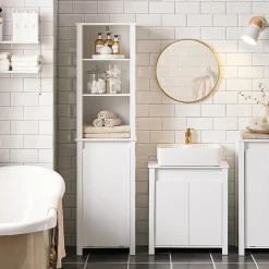 Meuble Colonne de Salle de Bain, 3 étagères, 1 Panier à Linge Amovible, BZR102-W, SoBuy