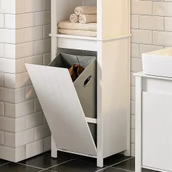 Meuble Colonne de Salle de Bain, 3 étagères, 1 Panier à Linge Amovible, BZR102-W, SoBuy