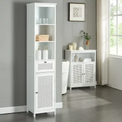 Meuble colonne de salle de bain Karlsoey MDF PVC effet rotin 161 x 35 x 32 cm blanc en.casa