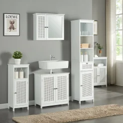 Meuble colonne de salle de bain Karlsoey MDF PVC effet rotin 161 x 35 x 32 cm blanc en.casa