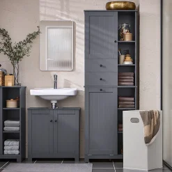 Meuble Colonne de Salle de Bain avec 6 étagères et 1 Panier à Linge , BZR104-DG, SoBuy