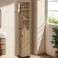 Meuble colonne pivotante de salle de bain avec miroir, placard et étagères hêtre et noir ELIA