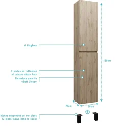 Meuble colonne pour salle de bains 2 portes finition chêne Naturel - 30x25x150 - TIMBER