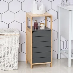 Meuble colonne rangement salle de bain style cosy dim. 32L x 30l x 80H cm porte étagères niche bambou gris