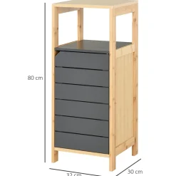 Meuble colonne rangement salle de bain style cosy dim. 32L x 30l x 80H cm porte étagères niche bambou gris